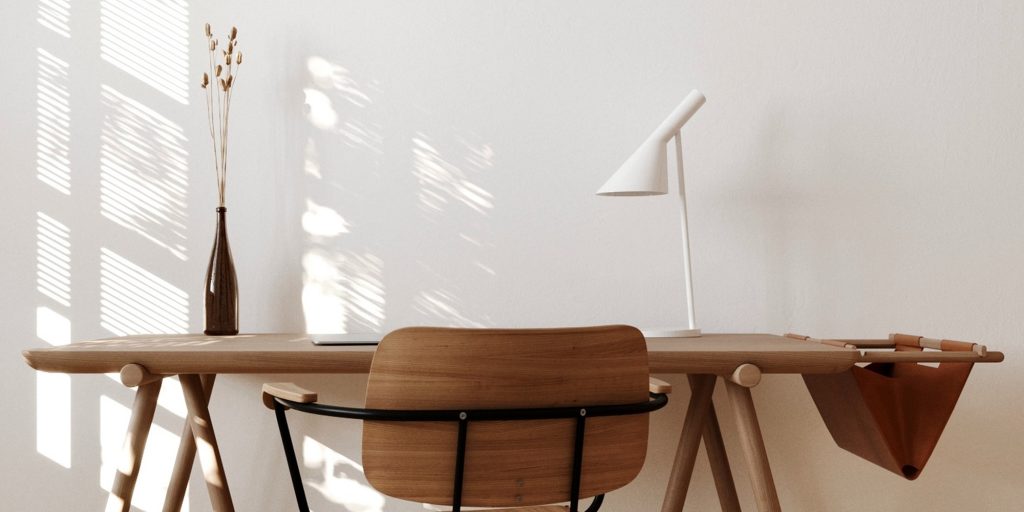 Neutral Home Office Featuring an AJ Desk Lamp in White