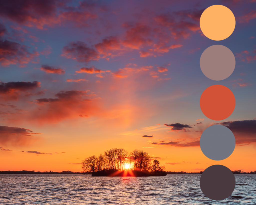 Photograph of a sunset with the colour palette taken from the image.