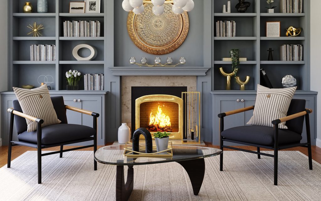 A busy living room space featuring a Noguchi Tribeca Coffee Table