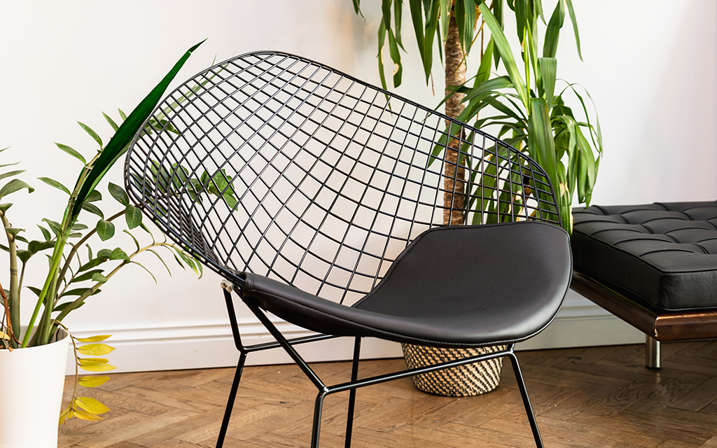 Bertoia Diamond Chair replica from Pash Classics. Black coated and black cushion variation