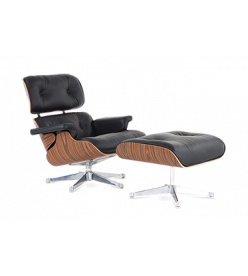 Eames Style Lounge Chair & Ottoman - Black Leather, Rosewood Veneer & Chrome Base