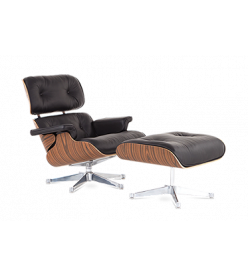 Eames Style Lounge Chair & Ottoman - Brown Leather, Rosewood Veneer & Chrome Base
