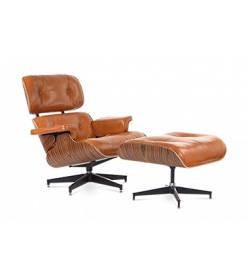 Eames Style Lounge Chair & Ottoman - Tan Brown Leather & Rosewood Veneer