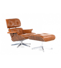 Eames Lounge Chair & Ottoman Replica in Tan Brown Leather, Rosewood Veneer & Chrome Base