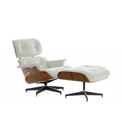 Eames Style Lounge Chair & Ottoman - White Leather & Rosewood Veneer