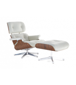 Eames Style Lounge Chair & Ottoman - White Leather, Rosewood Veneer & Chrome Base