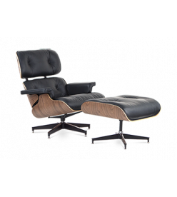 Eames Style Lounge Chair & Ottoman - Black Leather & Walnut Veneer