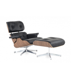 Eames Style Lounge Chair & Ottoman - Black Leather, Walnut Veneer & Chrome Base