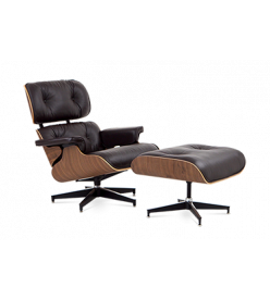 Eames Style Lounge Chair & Ottoman - Brown Leather & Walnut Veneer