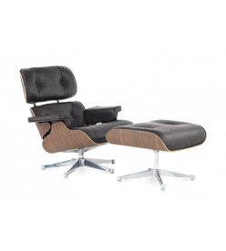 Eames Style Lounge Chair & Ottoman - Brown Leather, Walnut Veneer & Chrome Base
