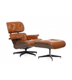 Eames Style Lounge Chair & Ottoman - Tan Brown Leather & Walnut Veneer