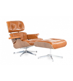 Eames Style Lounge Chair & Ottoman - Tan Brown Leather, Walnut Veneer & Chrome Base