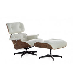Eames Style Lounge Chair & Ottoman - White Leather & Walnut Veneer