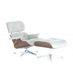 Eames Style Lounge Chair & Ottoman - White Leather, Walnut Veneer & Chrome Base