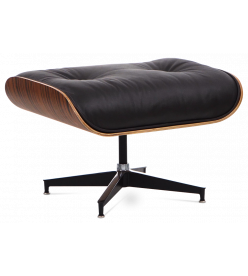 Designer Lounge Chair Ottoman Only - Black Leather,  Walnut Veneer & Silver Base
