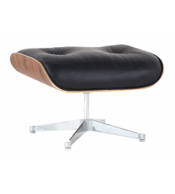 Designer Lounge Chair Ottoman Only - Black Leather,  Rosewood Veneer & Silver Base