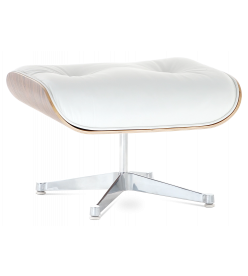 Designer Lounge Chair Ottoman Only - White Leather,  Rosewood Veneer & Silver Base