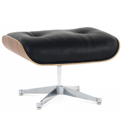 Designer Lounge Chair Ottoman Only - Black Leather,  Walnut Veneer & Silver Base