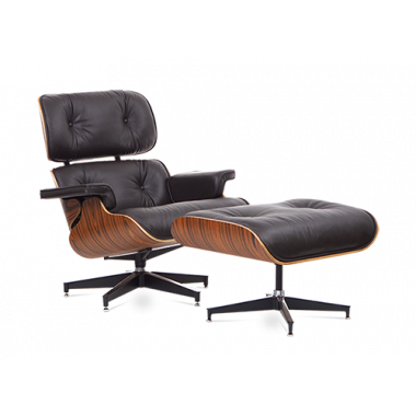 Designer Lounge Chair & Ottoman - Rosewood Veneer & Brown Leather