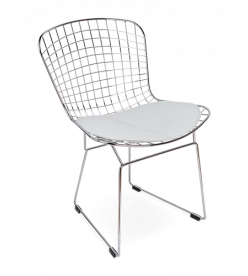 Bertoia Style Wire Side Chair - White Cushion & Chrome Frame