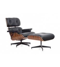 Eames Style Lounge Chair & Ottoman - Black Leather & Rosewood Veneer