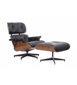 Designer Lounge Chair & Ottoman - Rosewood & black leather front angle
