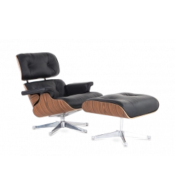 Designer Lounge Chair & Ottoman - Rosewood Veneer, Black Leather & Chrome Base front angle