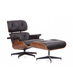 Eames Style Lounge Chair & Ottoman - Brown Leather & Rosewood Veneer