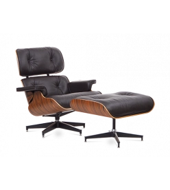 Designer Lounge Chair & Ottoman - Rosewood & brown leather front angle