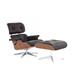 Designer Lounge Chair & Ottoman - Rosewood Veneer, Brown Leather & Chrome Base front angle