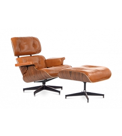 Eames Style Lounge Chair & Ottoman - Tan Brown Leather & Rosewood Veneer