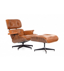 Designer Lounge Chair & Ottoman - Rosewood & Tan Brown leather front angle