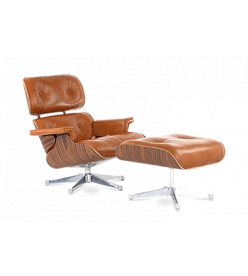 Eames Lounge Chair & Ottoman Replica in Tan Brown Leather, Rosewood Veneer & Chrome Base