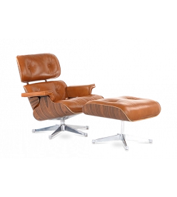 Designer Lounge Chair & Ottoman - Rosewood Veneer, Tan Brown Leather & Chrome Base front angle