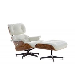 Eames Style Lounge Chair & Ottoman - White Leather & Rosewood Veneer