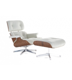 Eames Style Lounge Chair & Ottoman - White Leather, Rosewood Veneer & Chrome Base