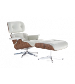 Eames Lounge Chair & Ottoman Replica in White Leather, Rosewood Veneer & Chrome Base