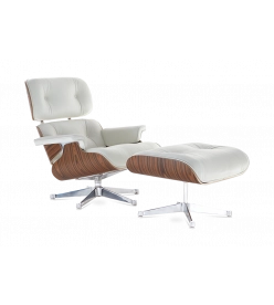 Designer Leather Armchair & Foot Stool in White Leather, Rosewood Veneer & Chrome Base - front angle