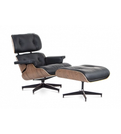 Eames Style Lounge Chair & Ottoman - Black Leather & Walnut Veneer