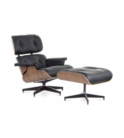 Eames Lounge Chair & Ottoman Replica in Black Leather & Walnut Veneer - front angle