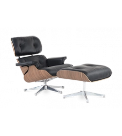 Eames Style Lounge Chair & Ottoman - Black Leather, Walnut Veneer & Chrome Base