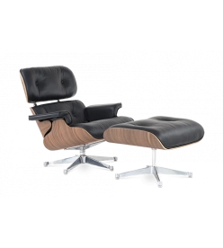 Designer Lounge Chair & Ottoman - Walnut Veneer, Black Leather & Chrome Base front angle