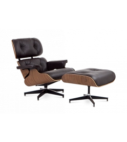 Eames Lounge Chair & Ottoman Replica in Brown Leather & Walnut Veneer - front angle