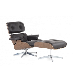 Designer Lounge Chair & Ottoman - Walnut Veneer, Brown Leather & Chrome Base front angle