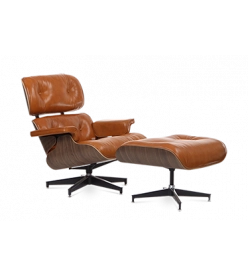 Eames Style Lounge Chair & Ottoman - Tan Brown Leather & Walnut Veneer