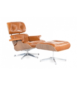 Eames Style Lounge Chair & Ottoman - Tan Brown Leather, Walnut Veneer & Chrome Base