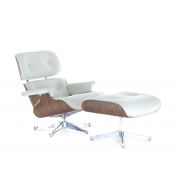 Eames Style Lounge Chair & Ottoman - White Leather, Walnut Veneer & Chrome Base