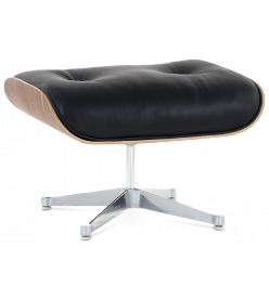 Designer Lounge Chair Ottoman Only - Black Leather,  Walnut Veneer & Silver Base