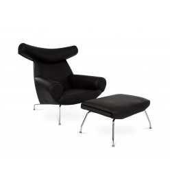 Wegner Style Ox Chair & Ottoman - Black Leather